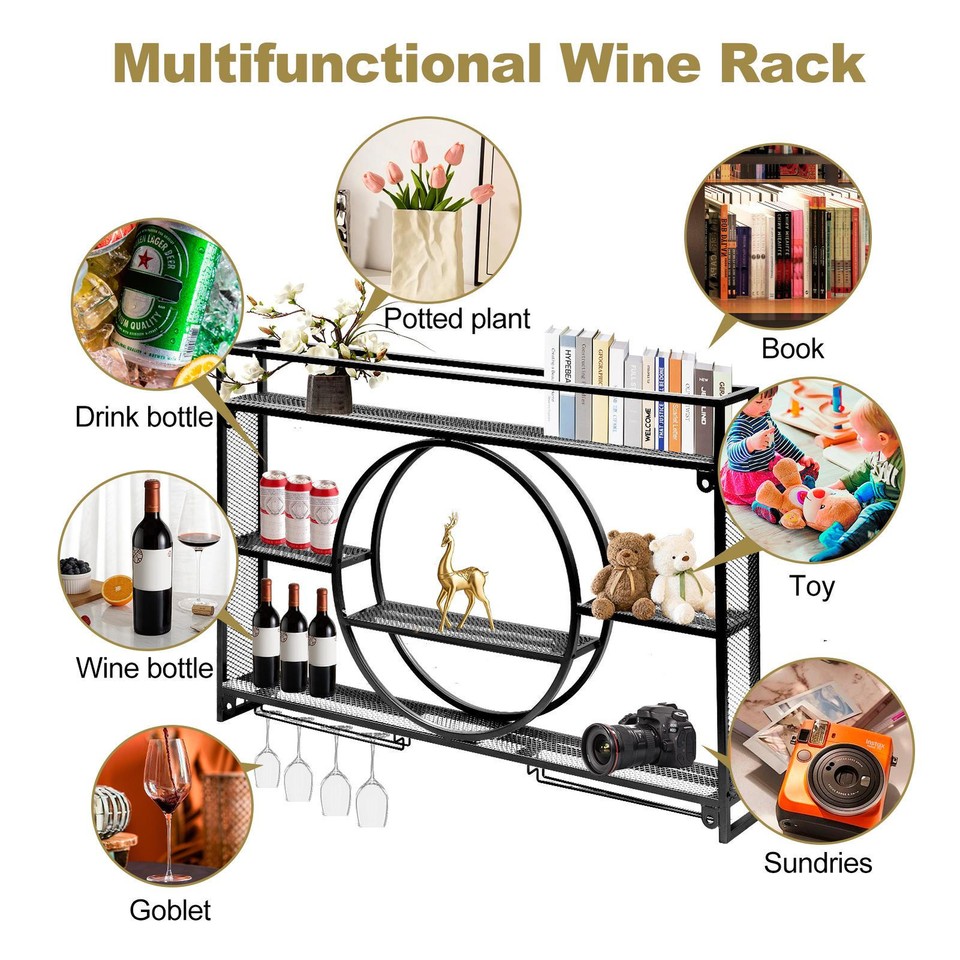 Wall Mounted Wine Metal Art Rack Glasses Storage Shelf Bar Wine Display