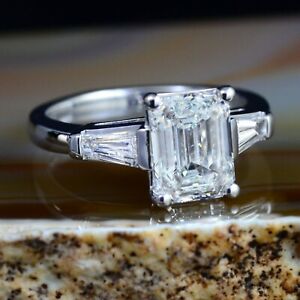 2 80 Ct Emerald Cut Diamond 3 Stone Engagement Ring W Baguettes K Vs2 Gia Plat Ebay