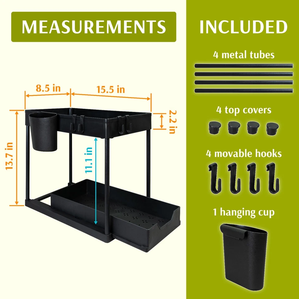 Under Sink Organizer 2 Tier Kitchen Rack Storage Shelf w/ Sliding Cabinet Drawer - Image 3 of 4