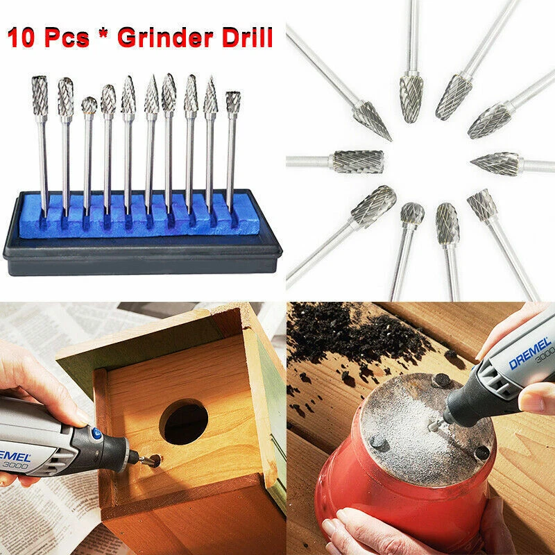 10Pcs Rotary Burr Bit Tungsten Carbide Point Die Grinder Shank Carving Set Tools - Image 3 of 4