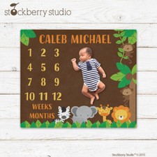 Safari Milestone Blanket Boy Baby Name Personalized Gift Jungle Animals Monkey
