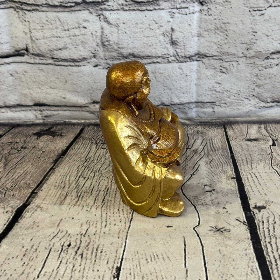 Oro y Bronce 12cm x 12cm Grande Buda Chino Sentado Sobre Loto Estatua Resina Foto 4 de 4