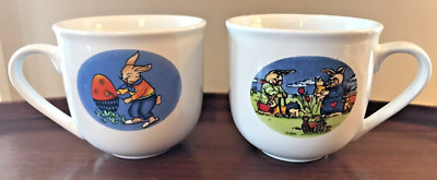Easter Bunnies Family & Eggs Vintage Style Graphics Ceramic Cups  8 Oz Set Of 2