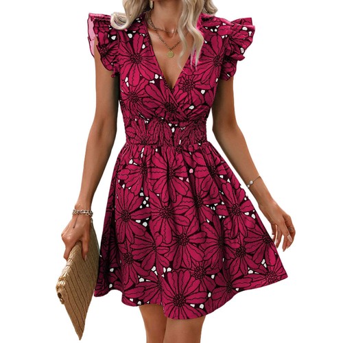 Damen V-Ausschnitt Kleid Damen Rüschen Ärmelloses Kleid Sommerkleider ≌ - Picture 15 of 30