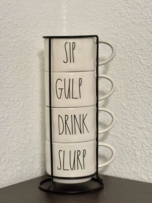 Rae Dunn DRINK SLURP SIP GULP  Set of 4 Ceramic Full Size Mugs -w/Black Mug Rack