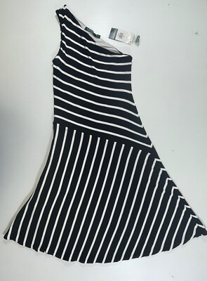 stripe one shoulder asymmetric hem midi dress lauren ralph lauren Women's Black White Fit & Flare S Estelle A-Line - Studio U-shaper Size:Custom (14-18 US, 46-50 EU) Crafted with airy crinkle