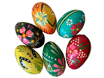 Pisanki Easter Eggs Decor Wood Polish Set of 6 Hand Painted From Poland