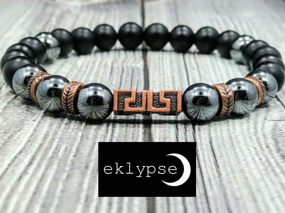 БЕДРА 8 «L меди греческий ключ 8 мм черный оникс + гематит драгоценный камень бисер мужской браслет - Изображение 4 из 4