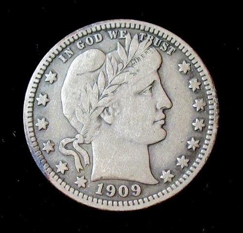 1909 Barber Quarter Dollar Silver Coin Old Toning