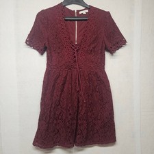 Francesca's Burgundy Lace-Up Mini Dress Short Sleeve Boho Floral Lace Maroon L