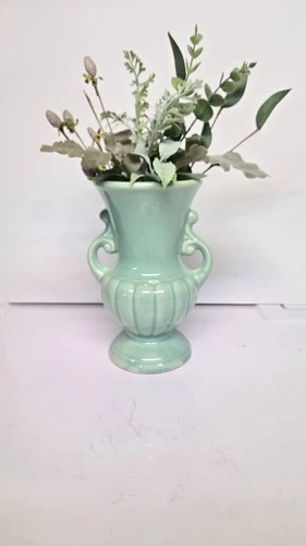 Vintage USA Pottery Turquoise Double Handle Vase Pedestal Urn Style 8” McCoy