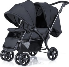 Black Double Baby Stroller Tandem Pushchair Foldable 30kg