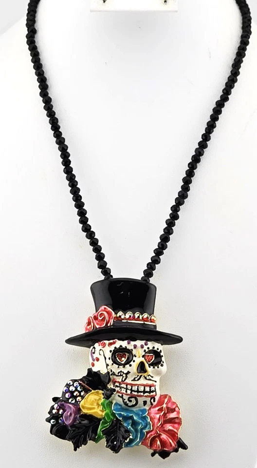 Kirks Folly Mr. Bones Sugar Skull Pin Pendant With Black Beaded Necklace GT #52 - Image 2 of 4