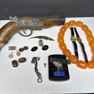 Junk Drawer Lot 1880s Blunderbus Cap Gun Faux Bakelite 925 Silver Givenchy Marc