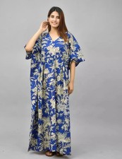 Indigo Blue Floral Cotton Kaftan Dress Screen Printed Plus Size Boho Maxi Caftan