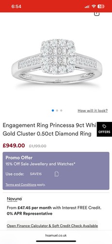 Engagement Ring Princessa 9ct White Gold Cluster 0.50ct Diamond Ring. Hsamuel. - Picture 24 of 24