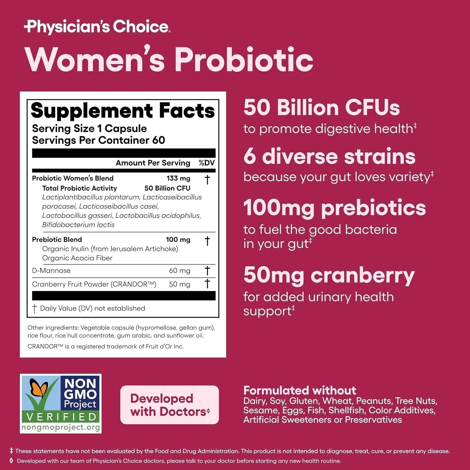 1-3pack Physician's Choice Women's Probiotic - 50 Billion CFU -Organic Prebiotic