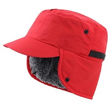 Mens Winter Hat with Brim Warm Earflaps Hat Faux Fur Baseball Cap Red