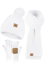 Women Winter Beanie Hat Scarf Gloves Set, Fleece Knitted Pompom Hat Warm White