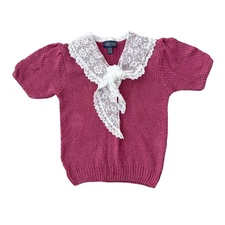 Vtg Herman Geist Lace Collar Knit Sweater L Pink Cottagecore Grandma Core 80s