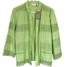 Chico's Size 2 100 Linen Jacket US 12 Green Lace Embroidery Lagenlook New READ