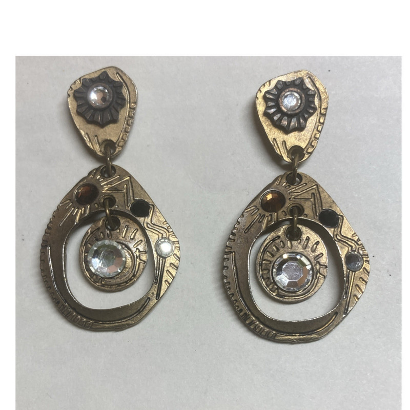 MP Handcrafted Bronze Dangle Earrings Geometric Crystal Gold Tone Signed