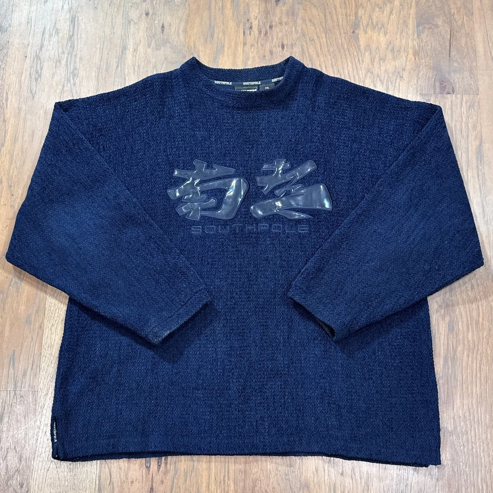 Suéter masculino vintage Southpole XXL azul acrílico malha pescador pulôver japonês - Imagem 2 de 4