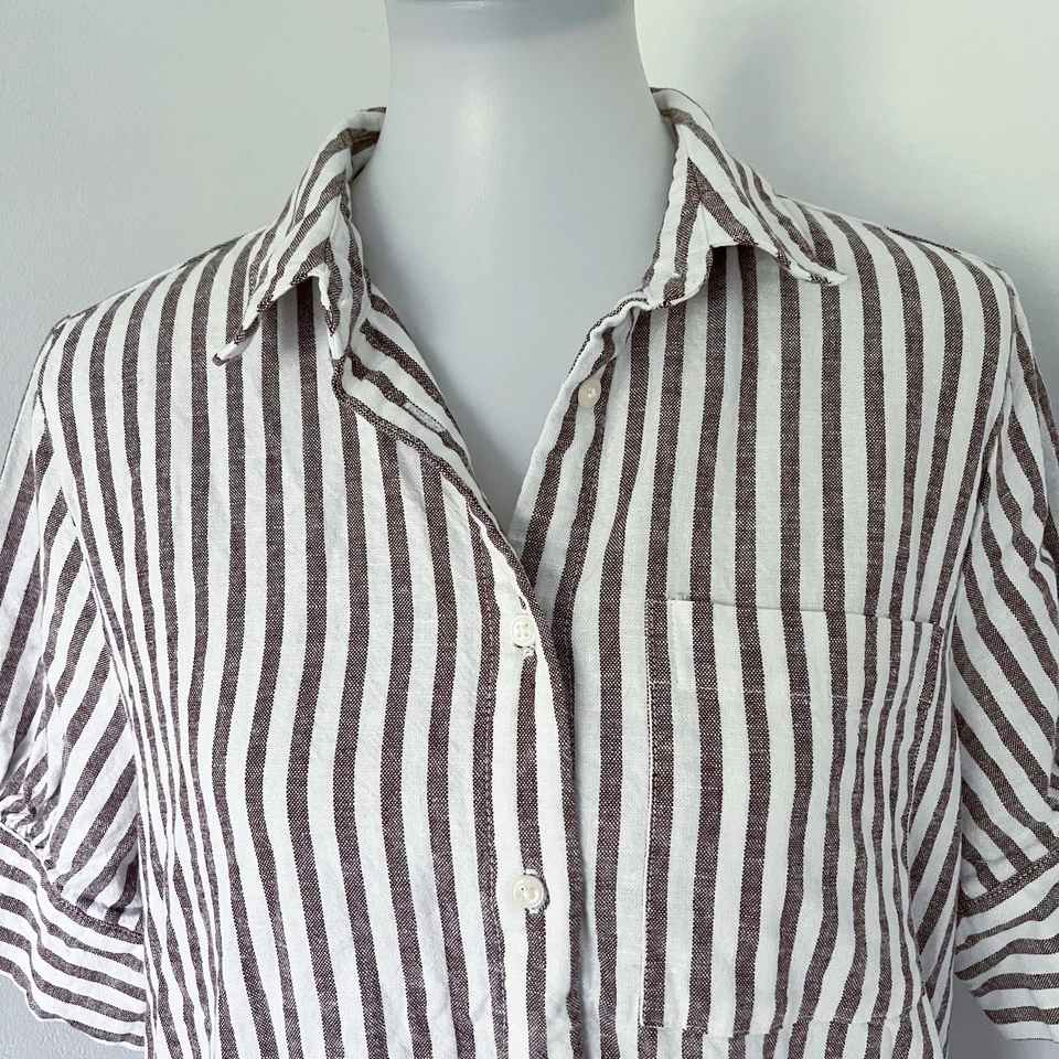 Old Navy Puff Sleeve Shirt Dress L Linen Blend Striped Button Up Coastal Beachy - Image 3 of 4