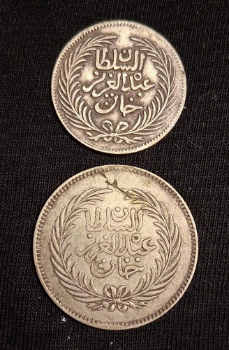 TUNISIA- AH1289 SILVER 1 & 2 PIASTRES (2 COINS)-VF/XF