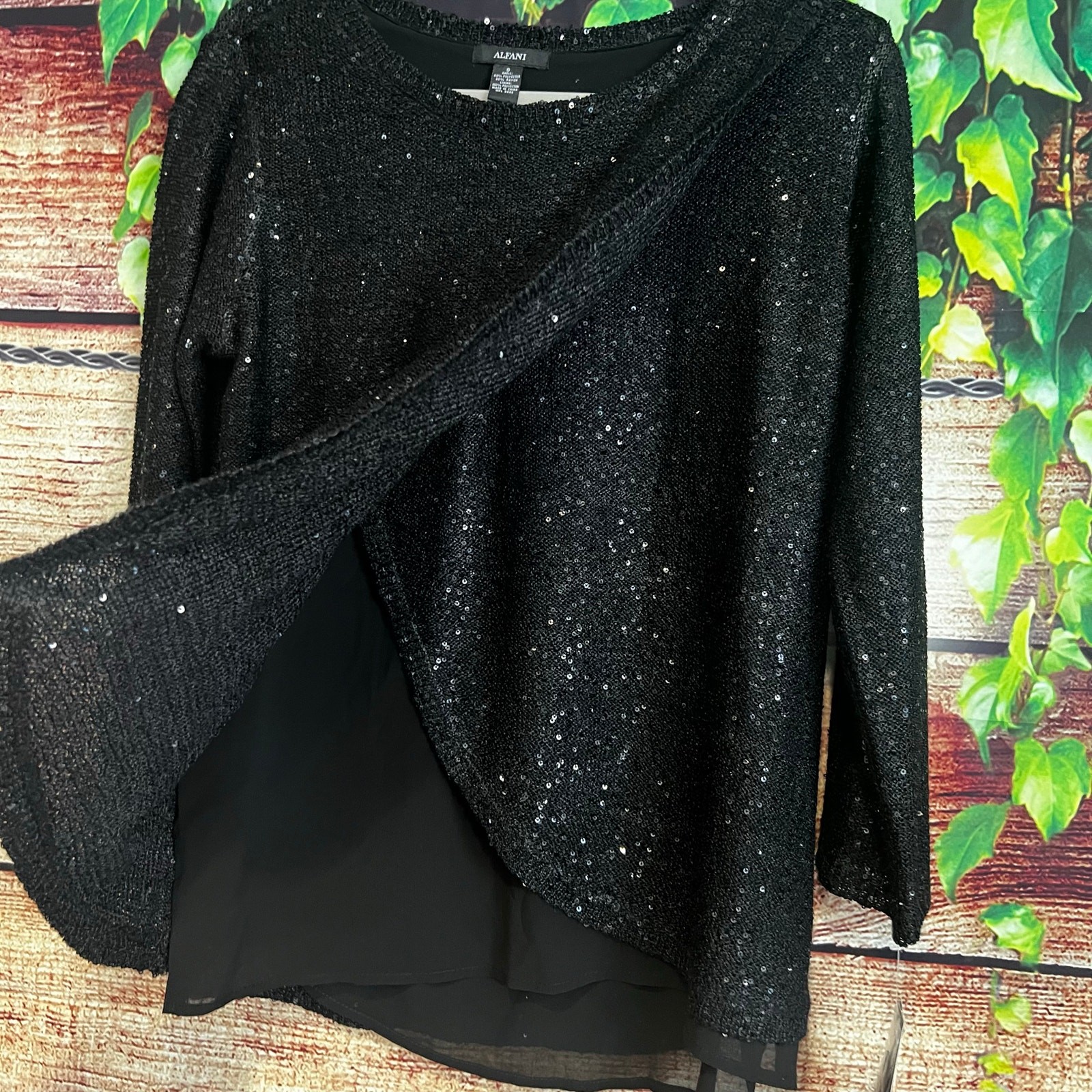 Alfani Black Sequin Shimmer Pullover Blouse Small 3/4 Sleeve Holiday Formal