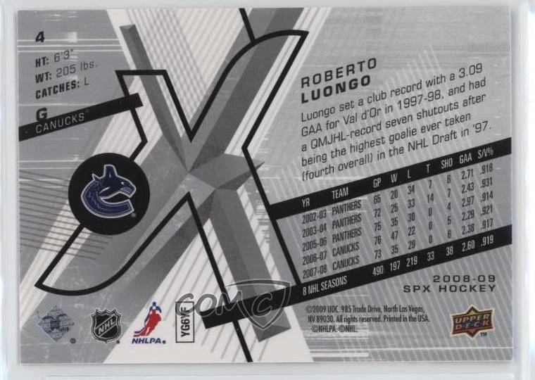 2008-09 SPx Roberto Luongo #4 HOF - Image 2 of 2