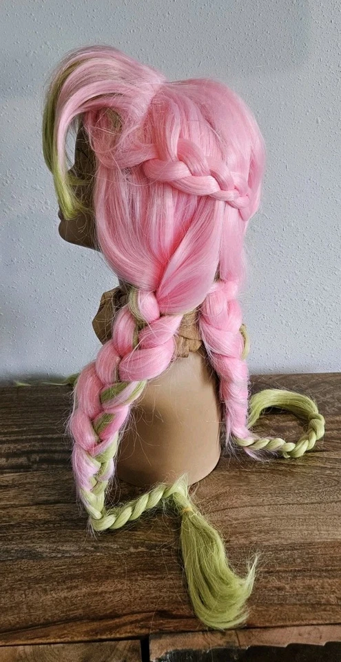 Peluca Larga 3 Trenzas Rosa Verde Bangs Sintético Juegos con disfraces Halloween Foto 3 de 4