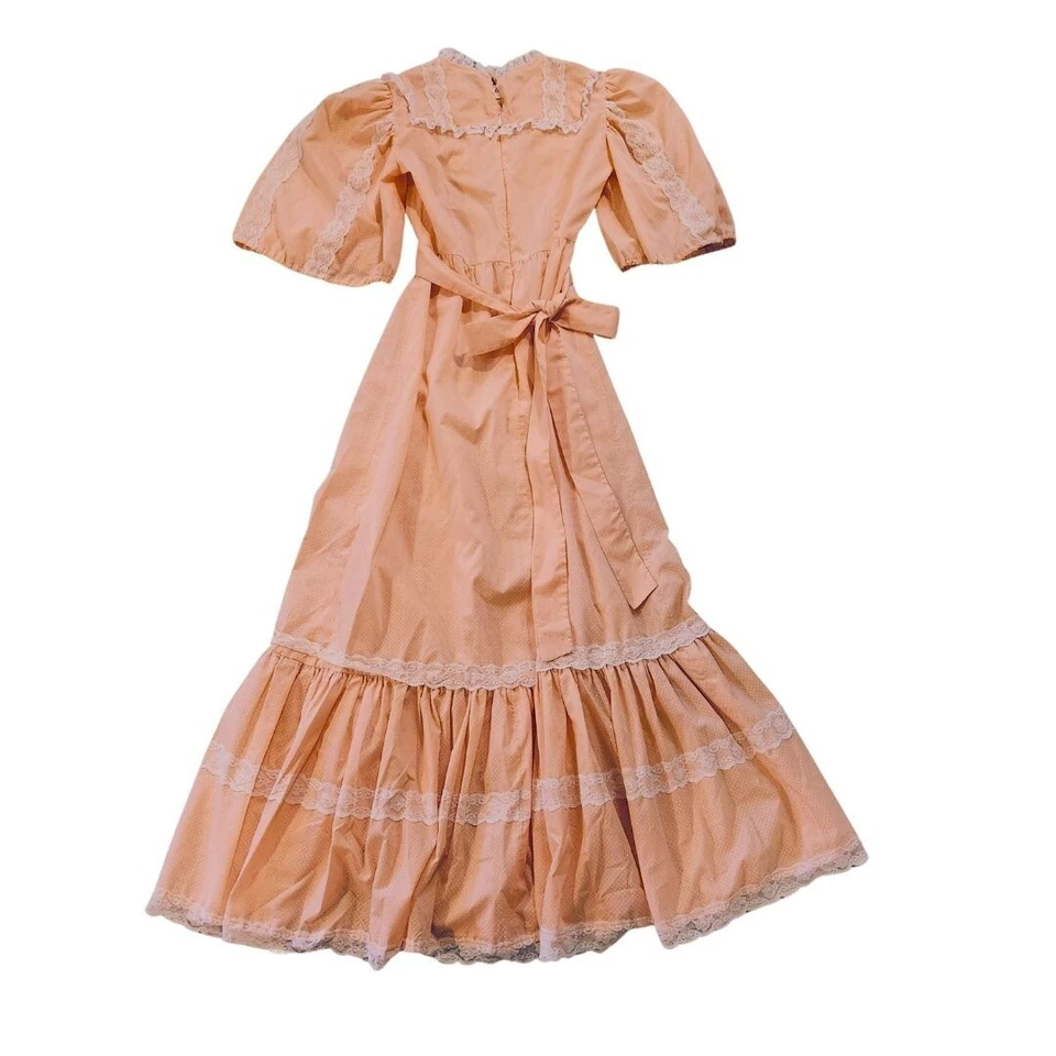 Womens Sz M ? Cottage Core Prairie Vtg Maxi Dress Polka Dot Pink Lace Boho - Image 2 of 4