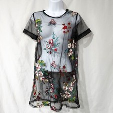 Black Sheer Women's Dress Size XS Colorful Floral Festival Art To Wear Eclectic