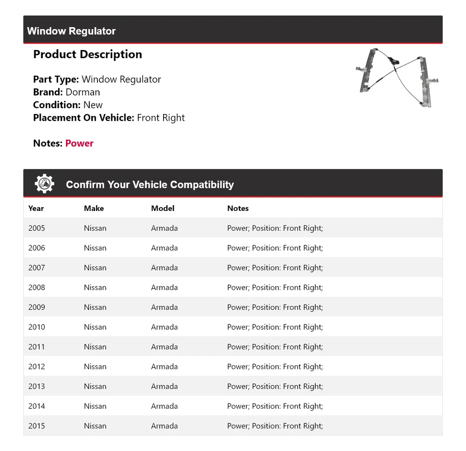 For 2005-2015 Nissan Armada Dorman Window Regulator Front Right 2006 2007 2008 - Image 2 of 4