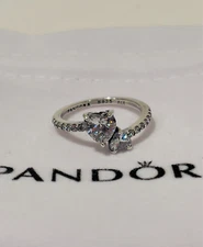 PANDORA 925 ALE Silver CZ Double Heart Sparkling Ring Size 8 / 56 w/ Pouch