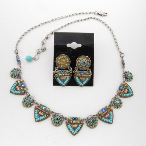 ADAYA Necklace Earring Crystal Micro Mosaic Art Deco Signed Chandelier Bib VTG - Picture 7 of 20