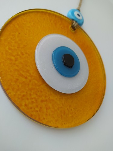 Yellow Evil Eye 12cm Glass Bead Pendant Charm Turkish Decor Amulet Talisman - Picture 6 of 9
