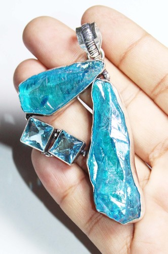 Sunshine Druzy Blue Topaz Handmade Gemstone Pendant Jewellery Size 3 Inches - Picture 2 of 4