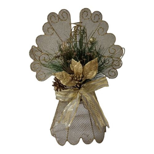 Vintage 17 in. Gold Metal Christmas Angel Tree Topper Bow Poinsettia Pinecone - Picture 1 of 11
