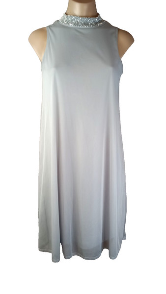 Tiana B Dress Women Size S Grey Embellished Crew Neck Sleeveless A Line Mini USA