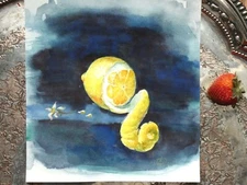 ORIGINAL WATERCOLOR HAND PAINTING AQUARELLE LEMON WITH FLOWERS 