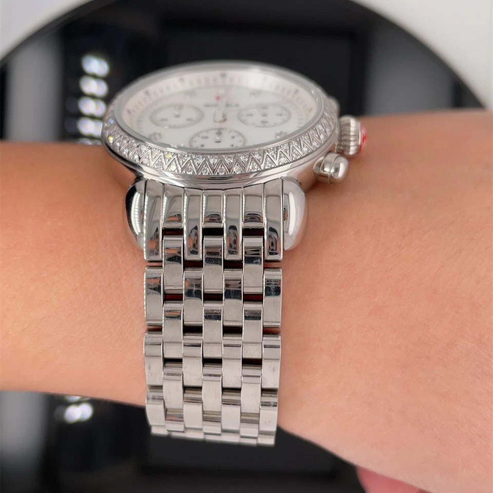 Michele Deco Diamond Chronograph Watch Head & Bracelet 33mm New $2695 - Image 4 of 4