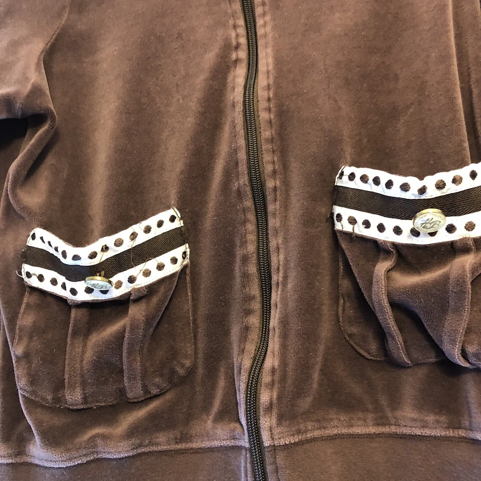 Chaqueta deportiva Hale Bob grande con cremallera completa marrón terciopelo Y2K bolsillos bordados Foto 3 de 4