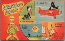 Artist-Signed MEYER Comic LINEN Postcard SCREWBALL SIGHTS Horse Fly / Full Moon