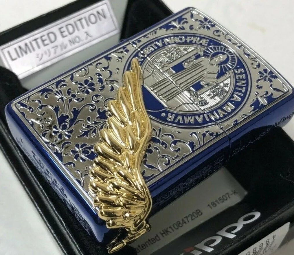 Zippo Angel Wing Gold Metal St Benedict Blue Lighter Limited Serial Number Japan