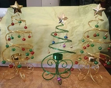 VINTAGE TWISTED WIRE Candle Holders Christmas Trees W/Bells Grandmas Farmhouse