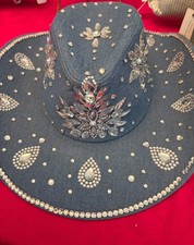 Women's Blue Denim Wide Brim Cowboy Hat, Rhinestone Accents, One Size