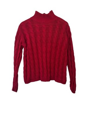 Y2K L.L. Bean Cable Knit Mock Neck Women s Sweater Size Med 100% Cotton Red