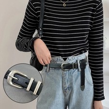 Leather Belt Genuine Cowhide 2.3cm Silver Buckle Women's Casual Thin Waist Belts